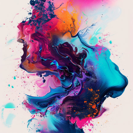 abstract background with blue, pink and purple paint splashes.の素材