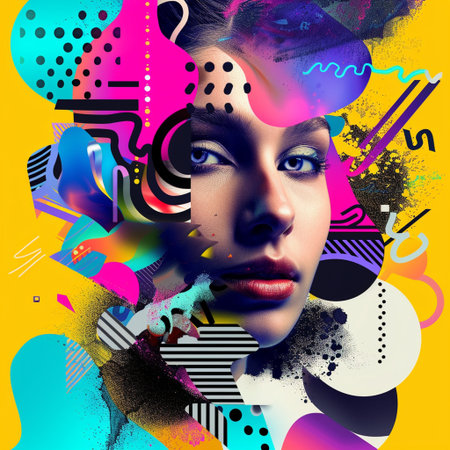 Beautiful young woman with creative make-up on colorful background.の素材