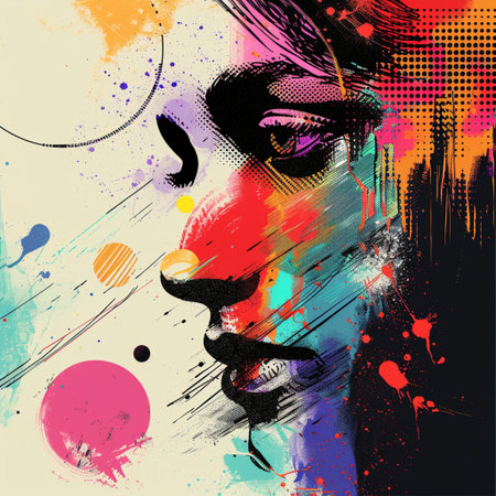 Abstract grunge background with female face and hand drawn elements. Vector illustration.の素材