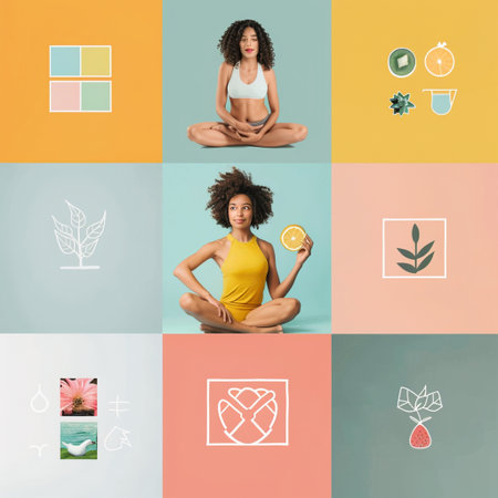 Collage of beautiful young african american woman with afro hair in yellow swimsuit meditating in lotus pose on colorful backgroundの素材