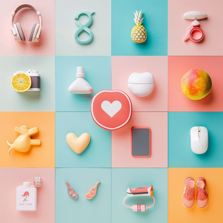 Collage of different objects on colorful background. Flat lay style.の素材