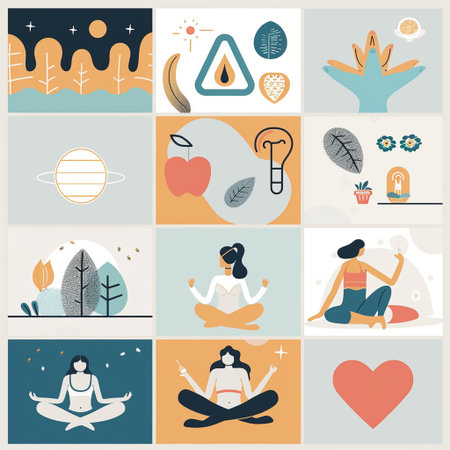Set of yoga and meditation icons in flat style. Vector illustration.の素材