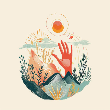 Hand drawn vector illustration of a human hand reaching out to the sunの素材