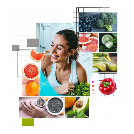 Smiling woman with fruits and vegetables in the kitchen. Healthy eating conceptの素材