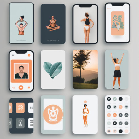 Set of flat vector icons with yoga poses and people silhouettes.の素材