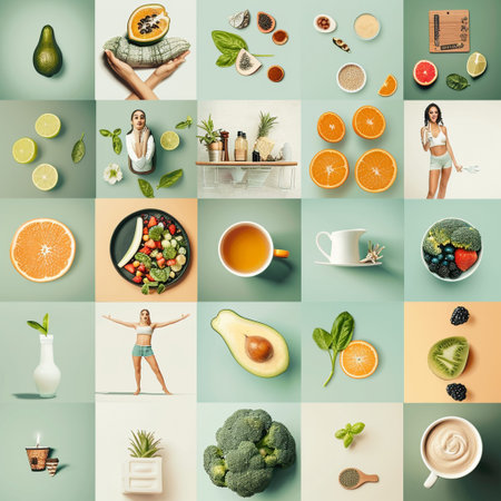 Collage of healthy food, fruits and vegetables on a colorful backgroundの素材