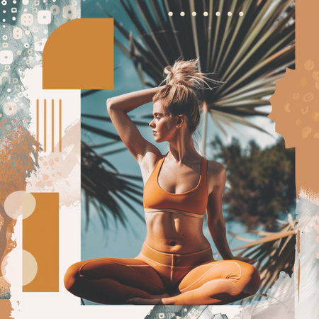 Yoga asana. Young woman in sportswear sitting on the beach and meditatingの素材