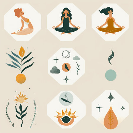 Set of yoga and meditation icons. Vector illustration in flat style.の素材