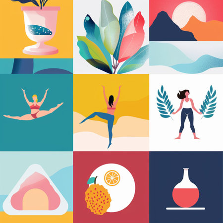 Set of yoga poses. Vector illustration in flat style. Colorful background.の素材
