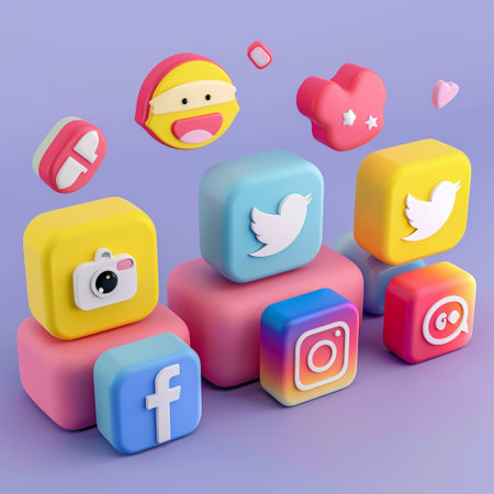Social media icons on colorful cubes. 3D illustrations. Social media concept.の素材