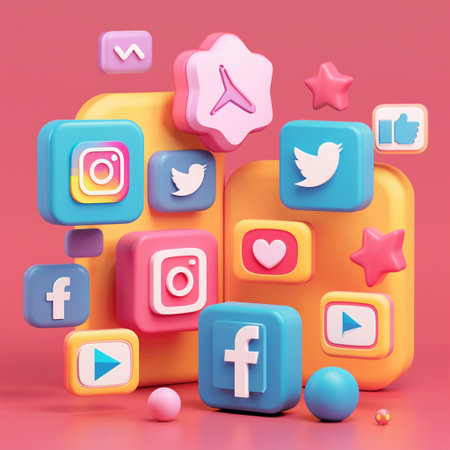 3d rendering of colorful social media icons isolated on pink background.の素材