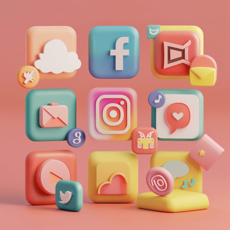 Set of colorful social media icons on pink background. 3D renderingの素材