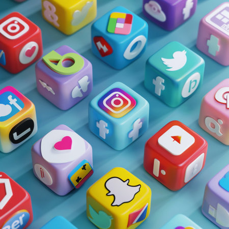 Colorful 3d cubes with icons of social media. 3d renderingの素材