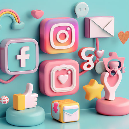 3d rendering of social media icons on pastel color background.の素材