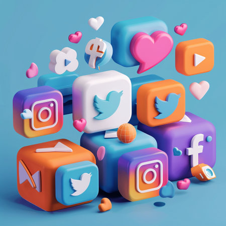 3d rendering of social media icons in shape of heart on blue backgroundの素材
