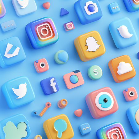 Social media icons. Colorful social media icons. 3D renderingの素材