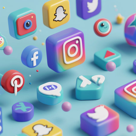Colorful 3d rendering of social media icons on a blue backgroundの素材