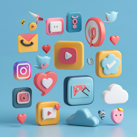 Social media concept. Social media icons and buttons. 3d illustrationの素材