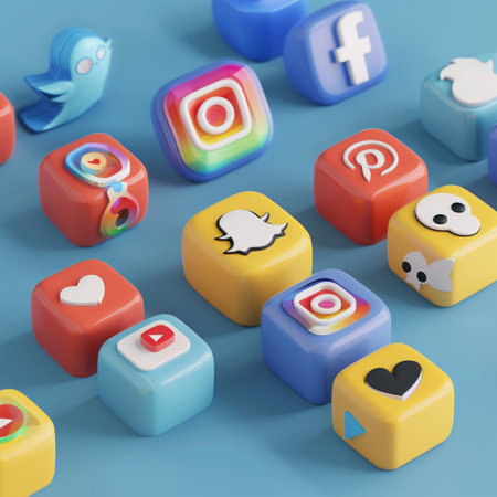 Colorful 3d rendering of social media icons isolated on blue backgroundの素材