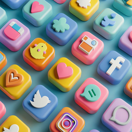 Seamless pattern with colorful social media icons. 3D renderingの素材