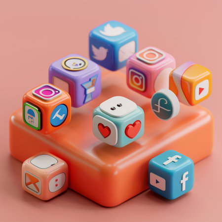 3d rendering of cubes with different application icons in red and blueの素材