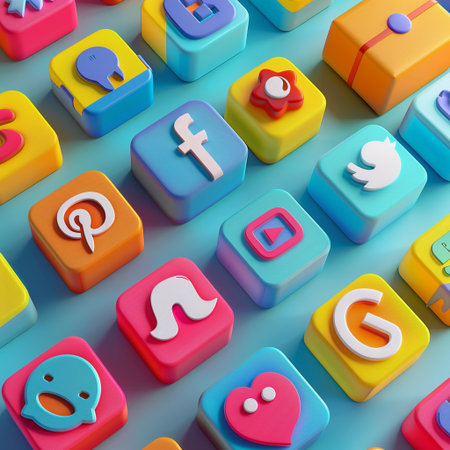 Social media icons on colorful buttons, 3d render illustration, square compositionの素材