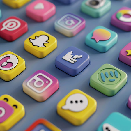 Social media icons on buttons. 3D illustrations. Colorful background.の素材