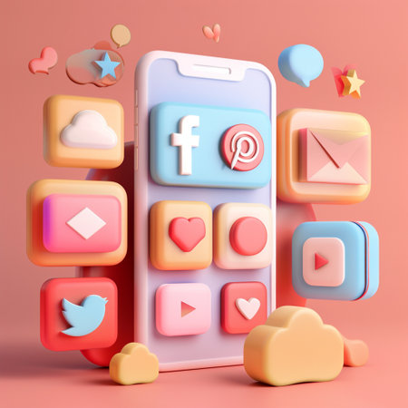 3d rendering of mobile phone with social media icons on pink backgroundの素材