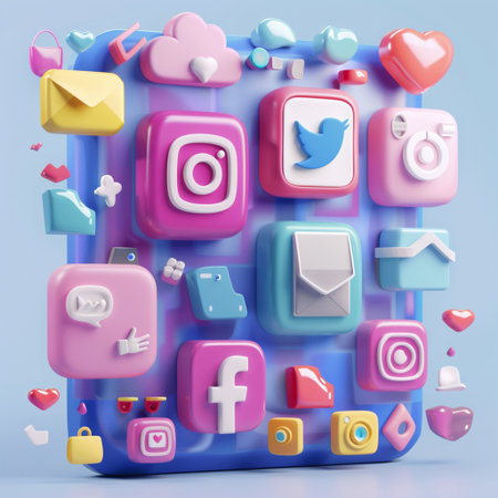 Colorful 3d rendering of social media app icons on blue backgroundの素材
