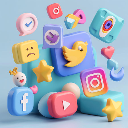 3d illustration of social media and multimedia icons in blue background.の素材
