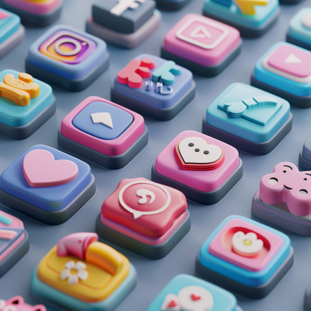 Social media icons on buttons. 3d illustration. Abstract background.の素材