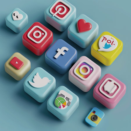 Colorful social media icons on square buttons. 3D illustrations.の素材