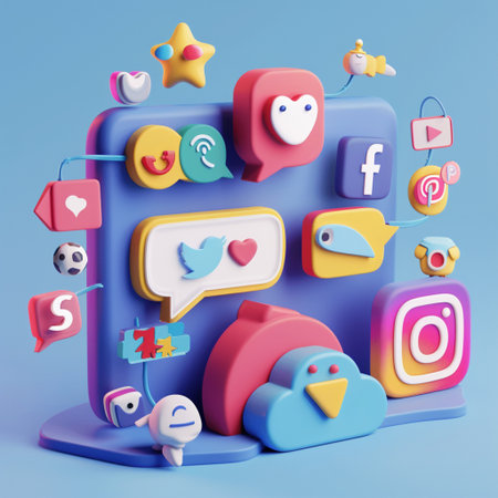 Social media concept. 3d illustration of social media icons isolated on blue backgroundの素材