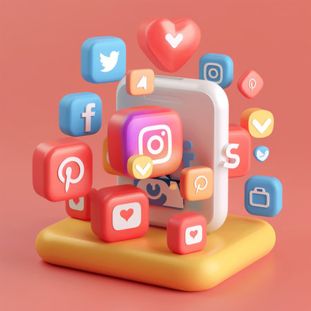 Smartphone with social media application icons. 3d illustration. Red background.の素材