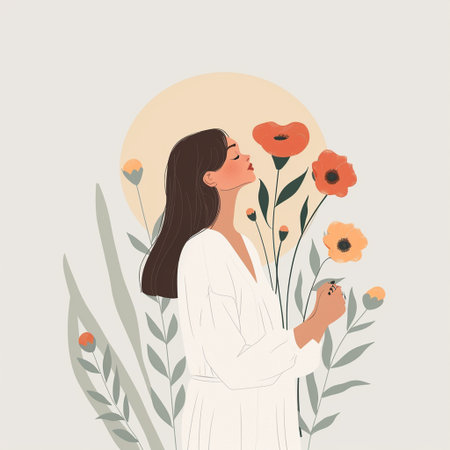 Beautiful woman with flowers. Vector illustration in a flat style.の素材
