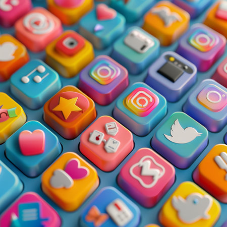 Social media icons on computer buttons. 3D illustrations. Abstract background.の素材