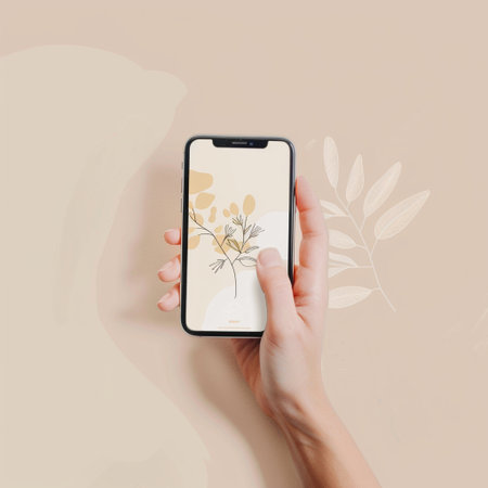 Female hand holding mobile phone with floral design on screen isolated on beige backgroundの素材