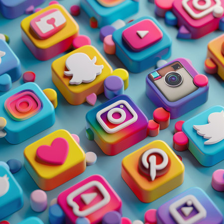 Social media icons background. 3D illustrations. 3D rendering.の素材