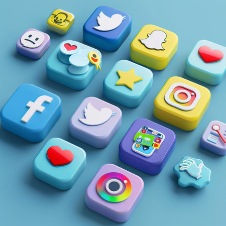 Social media icons set on blue background. 3d render illustration.の素材
