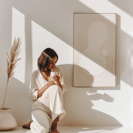 beautiful young woman in bathrobe holding cup of coffee and looking at wallの素材