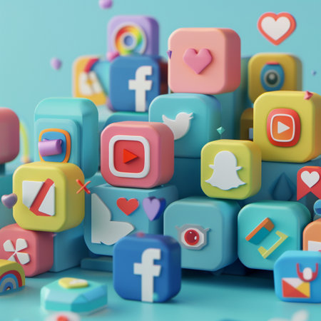 3d rendering of colorful cubes with social media icons on blue backgroundの素材