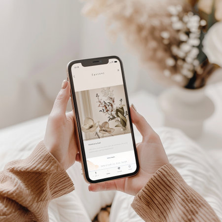 cropped shot of woman holding smartphone with online shopping website on screenの素材
