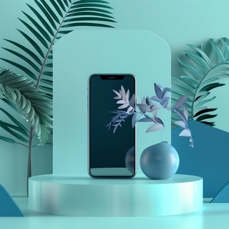 Smartphone with blank screen on pedestal. 3D rendering.の素材