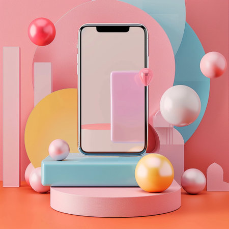 Smartphone with blank screen on podium. 3d render illustration.の素材