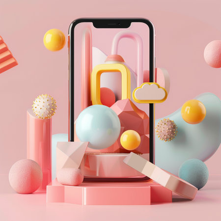 Smartphone mockup with abstract geometric shapes on pink background. 3d renderingの素材
