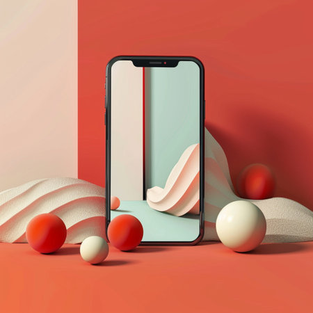 Smartphone with blank screen and tropical leaves. 3D rendering.の素材