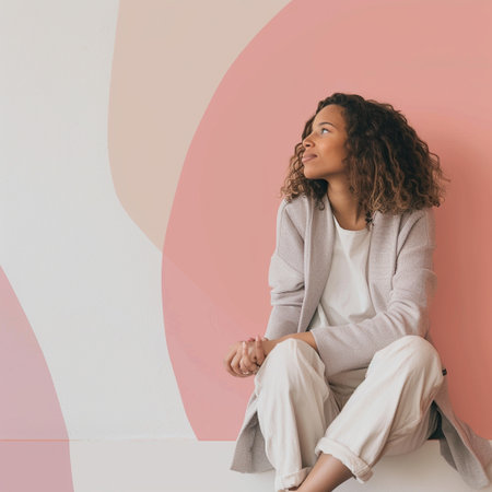 beautiful african american woman sitting on floor and looking awayの素材