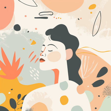 Hand drawn vector abstract graphic illustration with beautiful young woman face, floral elements and shapes on pastel backgroundの素材