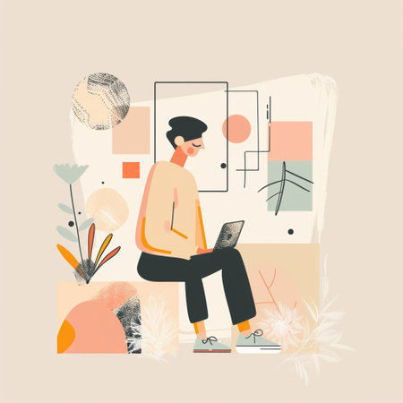 Freelancer man working on laptop at home, flat vector illustration.の素材