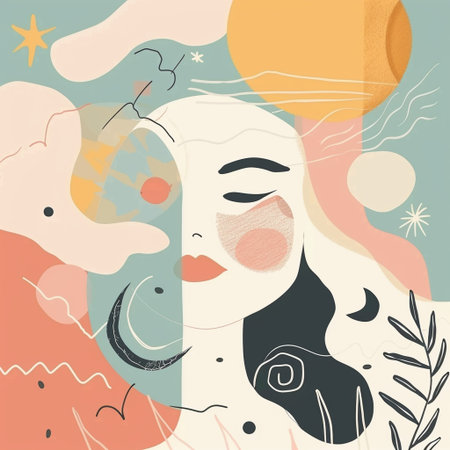 Abstract hand drawn vector illustration of a woman's face and abstract shapes.の素材